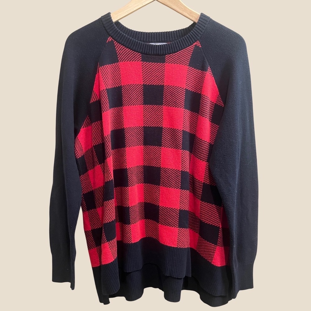 Eddie Bauer Sweater Womens L Red Black Buffalo Plaid Raglan High-Low Pullover